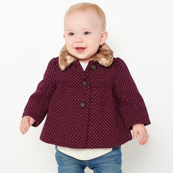 Cherokee Baby Girls’ Polka Dot Winter Pea Coat - Faux Fur Collar, Size 12 Months - Picture 1 of 6